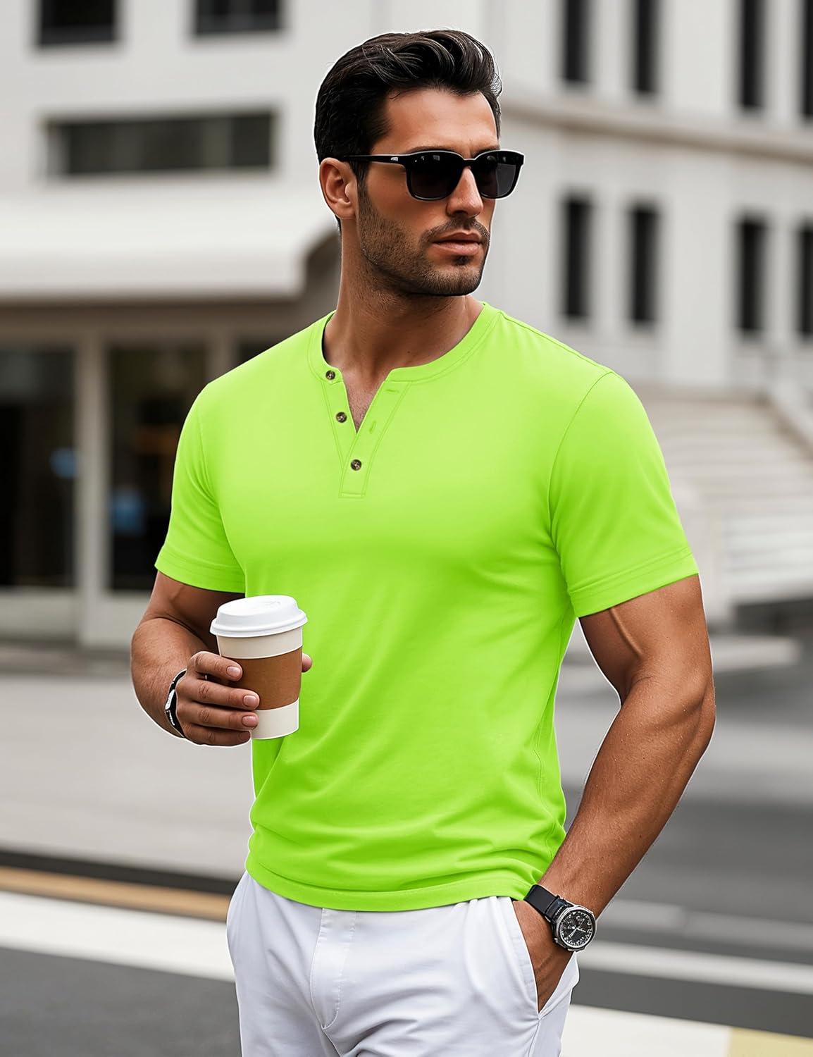 imageMAGCOMSEN Mens Henley Short Sleeve Shirt Cotton Lightweight 3 Button Tops Vintage Casual Summer TShirt Soft FashionFluorescent Green