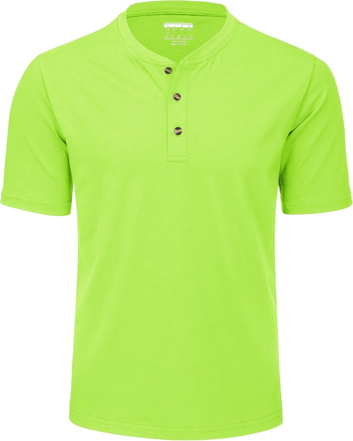 imageMAGCOMSEN Mens Henley Short Sleeve Shirt Cotton Lightweight 3 Button Tops Vintage Casual Summer TShirt Soft FashionFluorescent Green