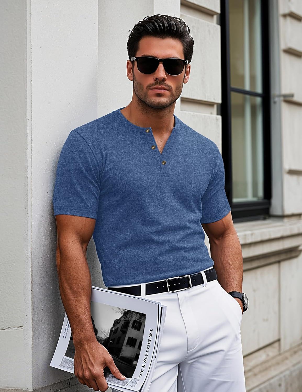 imageMAGCOMSEN Mens Henley Short Sleeve Shirt Cotton Lightweight 3 Button Tops Vintage Casual Summer TShirt Soft FashionGrey Blue Heather