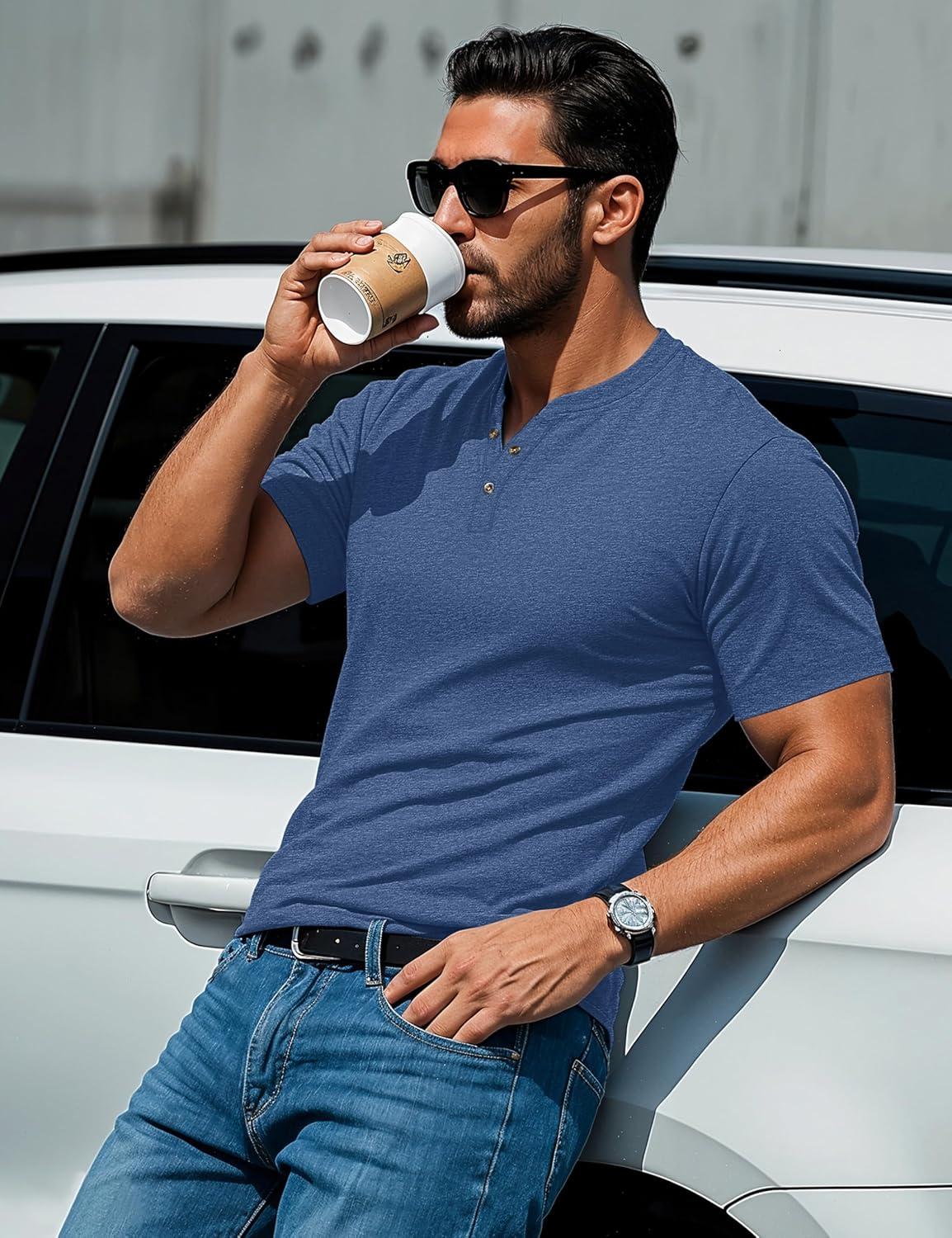 imageMAGCOMSEN Mens Henley Short Sleeve Shirt Cotton Lightweight 3 Button Tops Vintage Casual Summer TShirt Soft FashionGrey Blue Heather