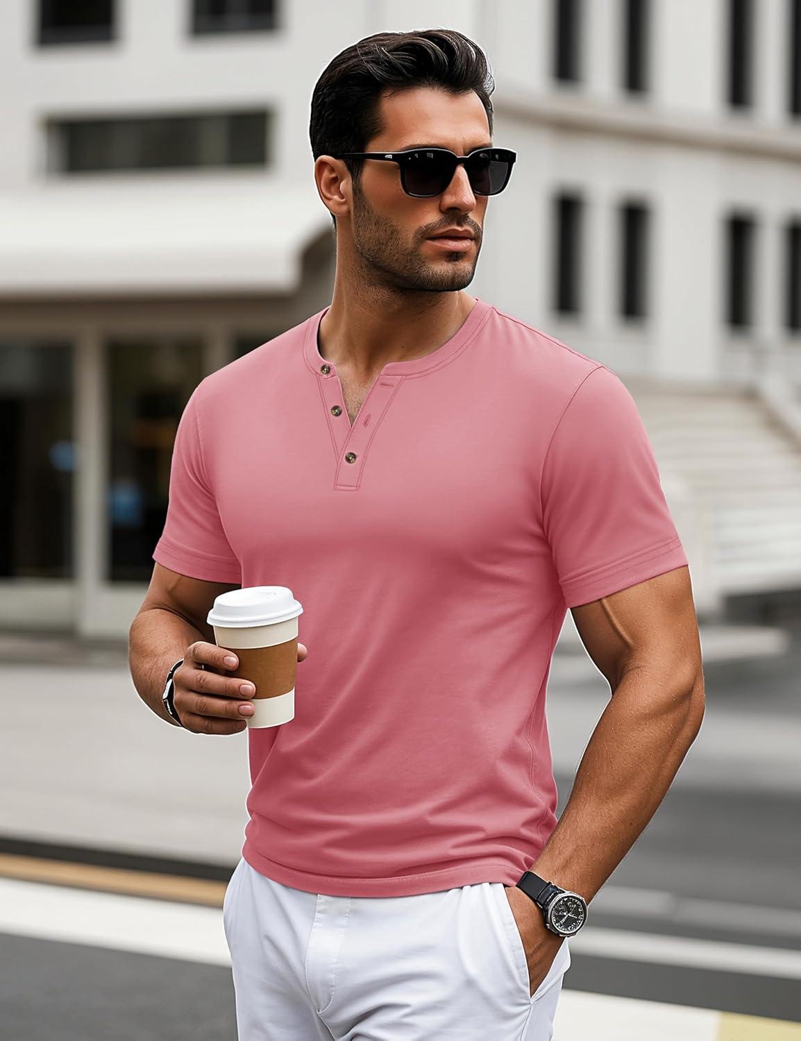 imageMAGCOMSEN Mens Henley Short Sleeve Shirt Cotton Lightweight 3 Button Tops Vintage Casual Summer TShirt Soft FashionGrey Pink