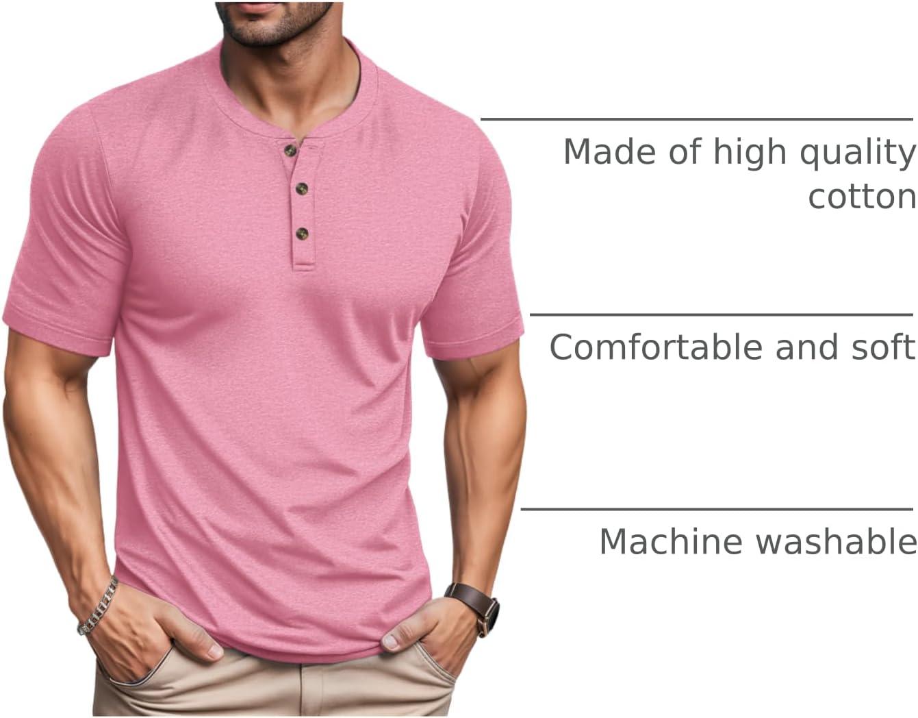 imageMAGCOMSEN Mens Henley Short Sleeve Shirt Cotton Lightweight 3 Button Tops Vintage Casual Summer TShirt Soft FashionGrey Pink Heather