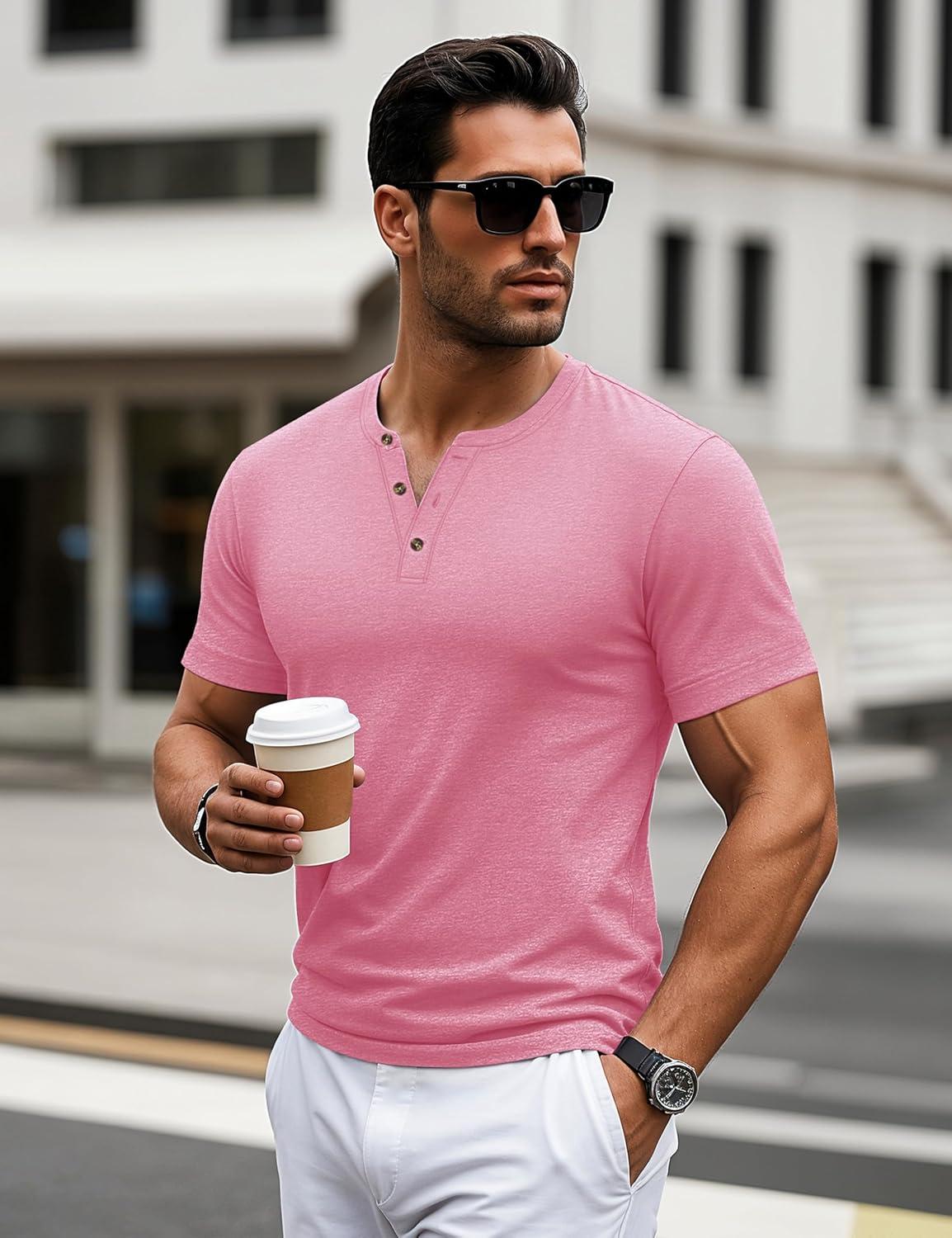 imageMAGCOMSEN Mens Henley Short Sleeve Shirt Cotton Lightweight 3 Button Tops Vintage Casual Summer TShirt Soft FashionGrey Pink Heather