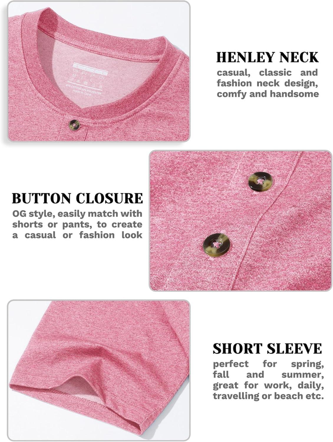 imageMAGCOMSEN Mens Henley Short Sleeve Shirt Cotton Lightweight 3 Button Tops Vintage Casual Summer TShirt Soft FashionGrey Pink Heather