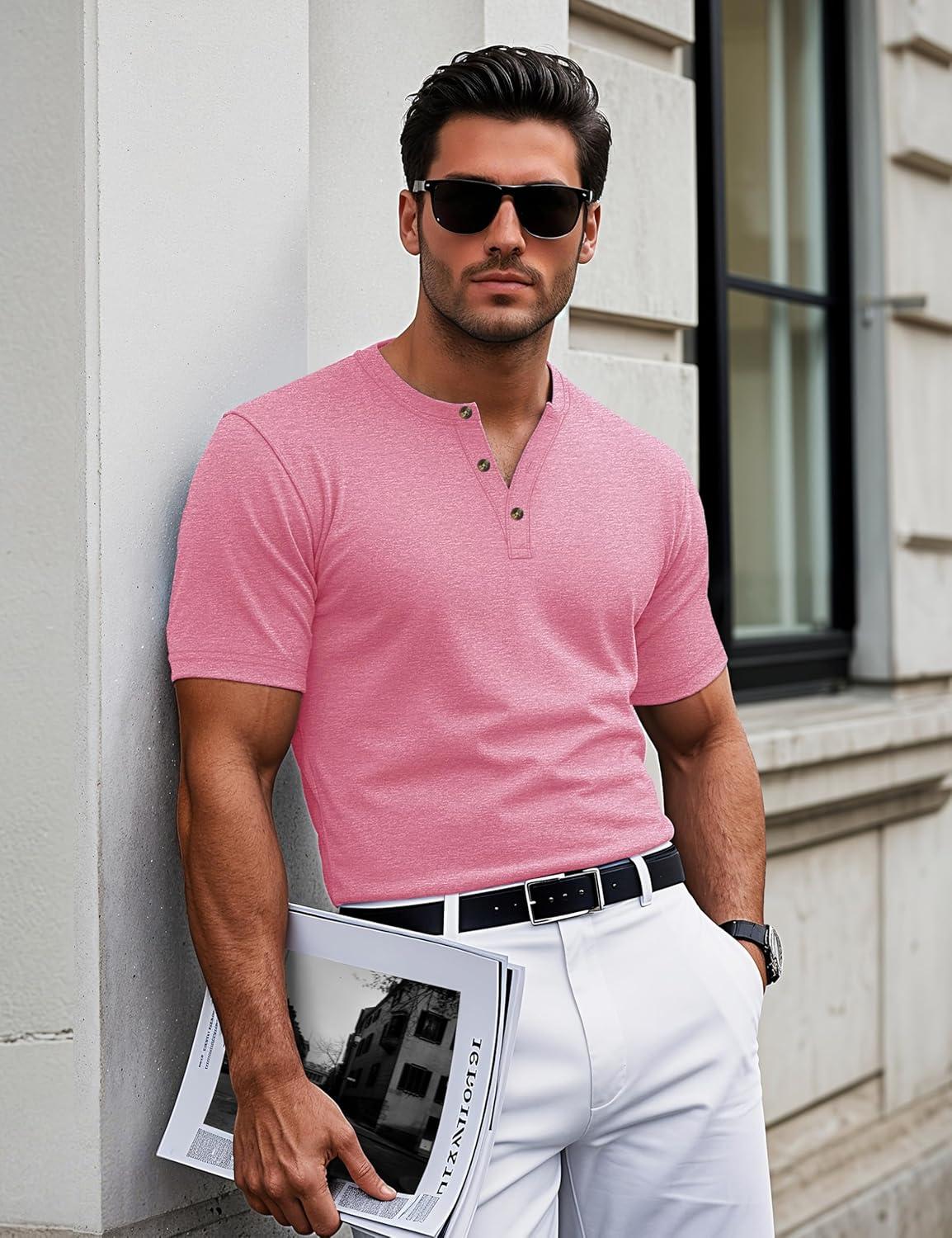 imageMAGCOMSEN Mens Henley Short Sleeve Shirt Cotton Lightweight 3 Button Tops Vintage Casual Summer TShirt Soft FashionGrey Pink Heather