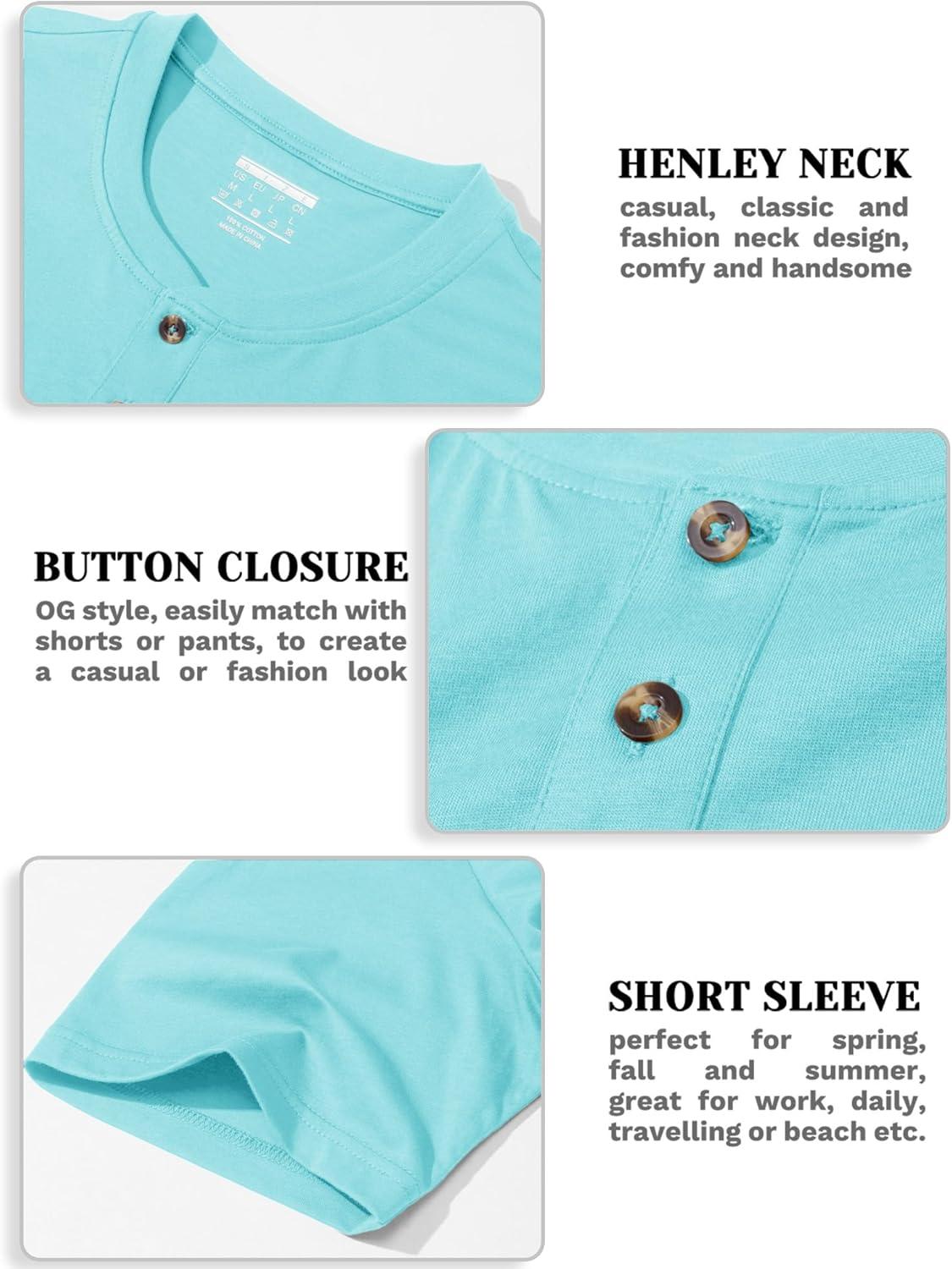imageMAGCOMSEN Mens Henley Short Sleeve Shirt Cotton Lightweight 3 Button Tops Vintage Casual Summer TShirt Soft FashionLake Blue