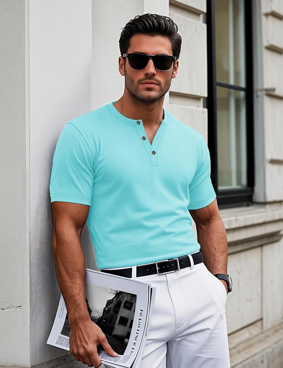 imageMAGCOMSEN Mens Henley Short Sleeve Shirt Cotton Lightweight 3 Button Tops Vintage Casual Summer TShirt Soft FashionLake Blue