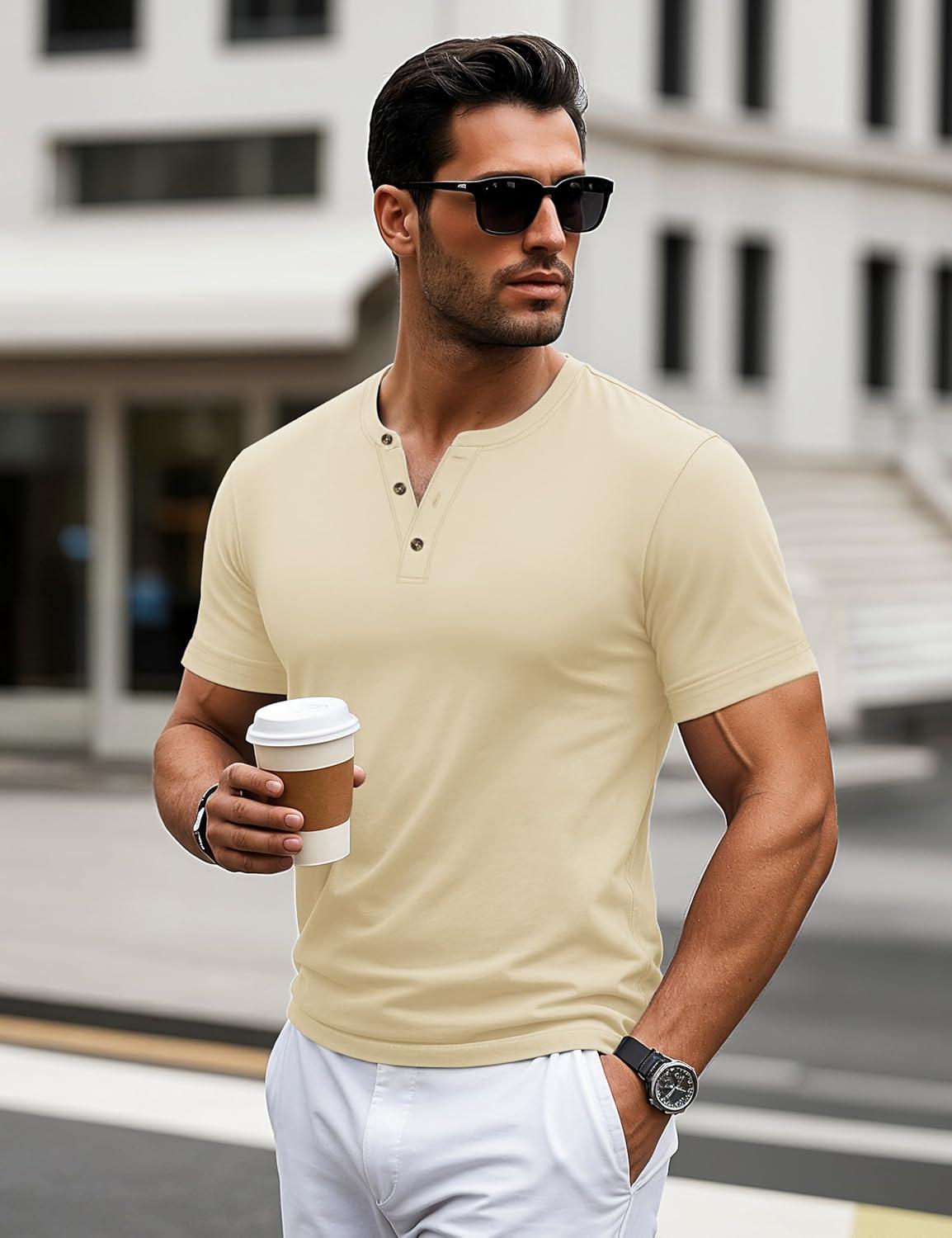 imageMAGCOMSEN Mens Henley Short Sleeve Shirt Cotton Lightweight 3 Button Tops Vintage Casual Summer TShirt Soft FashionLight Apricot