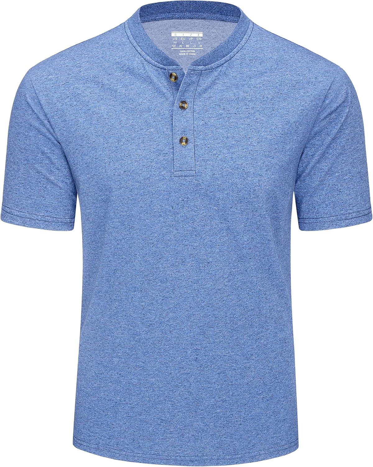 imageMAGCOMSEN Mens Henley Short Sleeve Shirt Cotton Lightweight 3 Button Tops Vintage Casual Summer TShirt Soft FashionLight Blue Heather