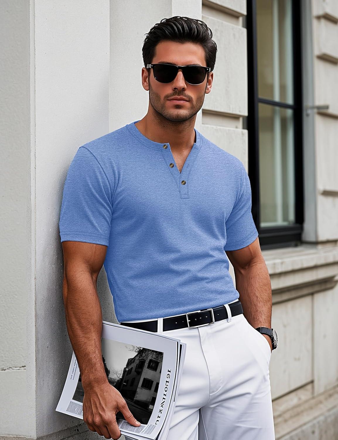 imageMAGCOMSEN Mens Henley Short Sleeve Shirt Cotton Lightweight 3 Button Tops Vintage Casual Summer TShirt Soft FashionLight Blue Heather