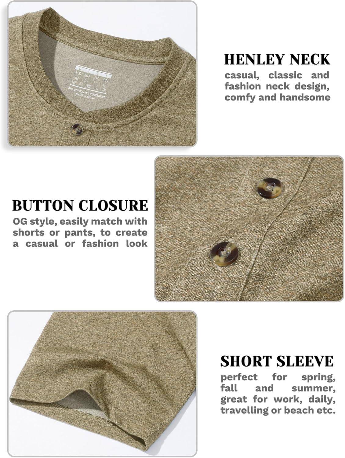 imageMAGCOMSEN Mens Henley Short Sleeve Shirt Cotton Lightweight 3 Button Tops Vintage Casual Summer TShirt Soft FashionLight Brown