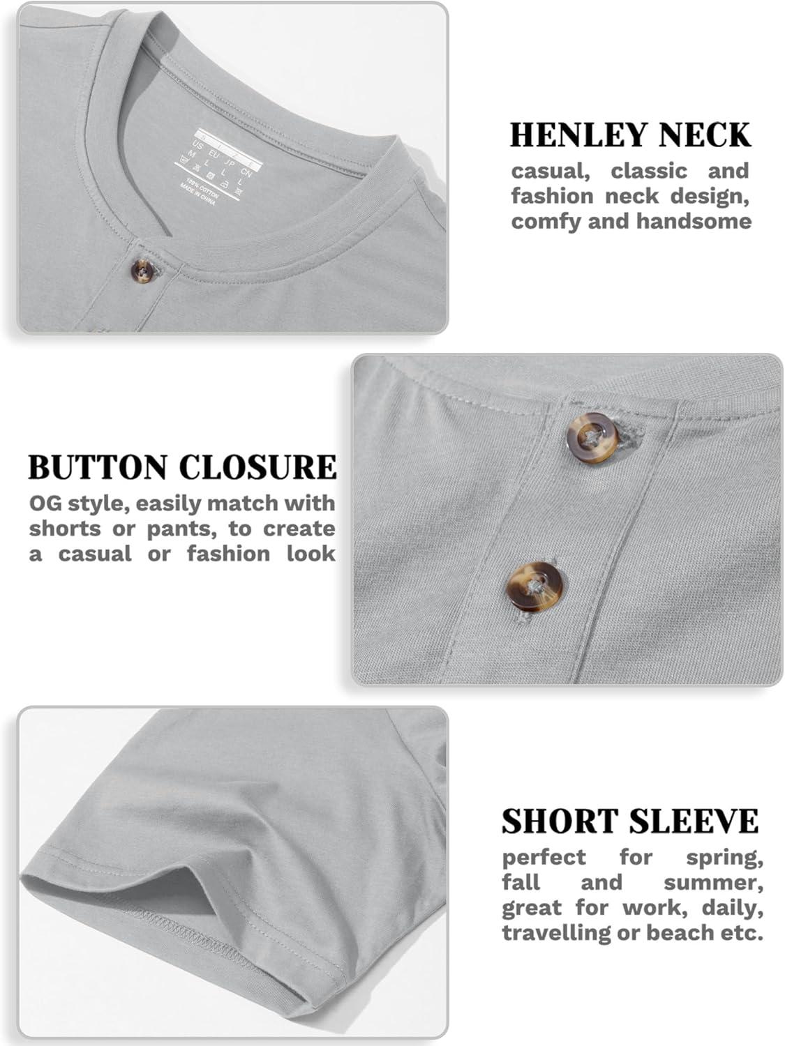 imageMAGCOMSEN Mens Henley Short Sleeve Shirt Cotton Lightweight 3 Button Tops Vintage Casual Summer TShirt Soft FashionLight Grey