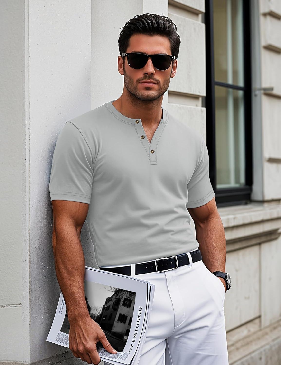 imageMAGCOMSEN Mens Henley Short Sleeve Shirt Cotton Lightweight 3 Button Tops Vintage Casual Summer TShirt Soft FashionLight Grey