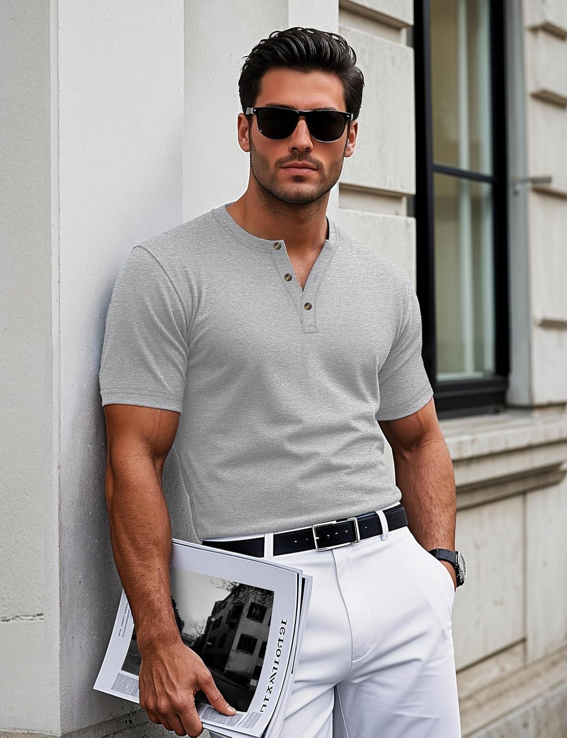 imageMAGCOMSEN Mens Henley Short Sleeve Shirt Cotton Lightweight 3 Button Tops Vintage Casual Summer TShirt Soft FashionLight Grey Heather