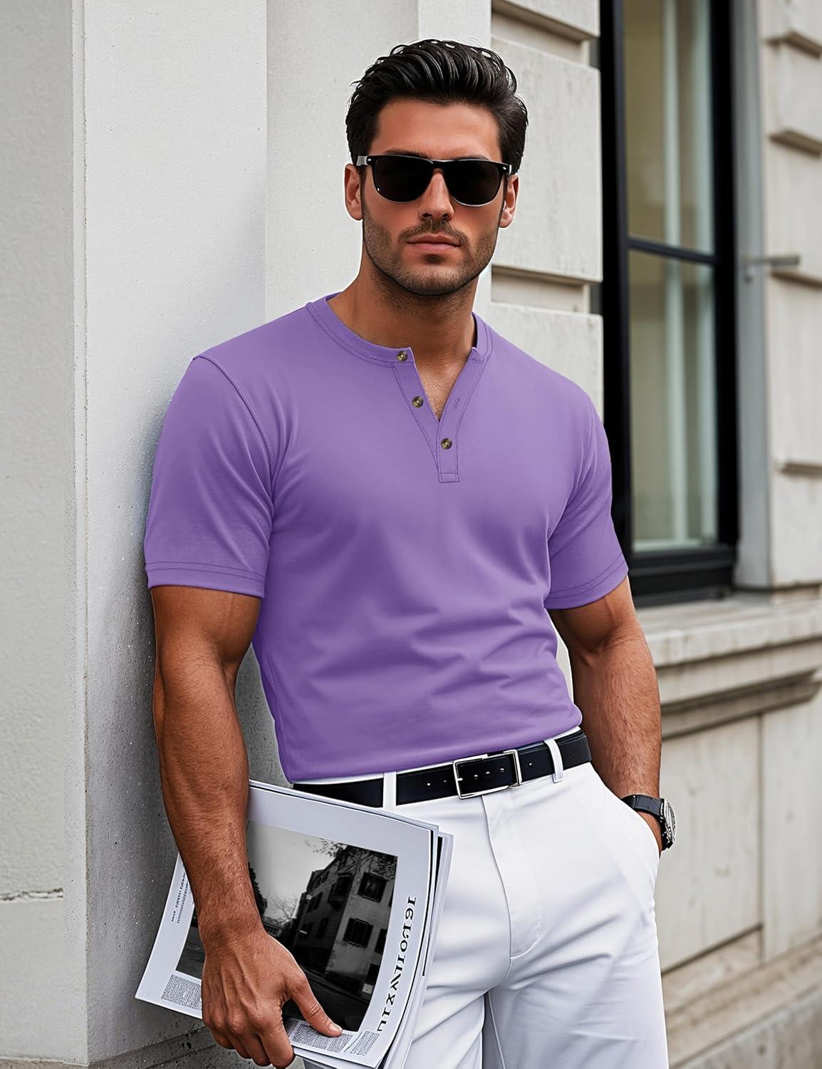 imageMAGCOMSEN Mens Henley Short Sleeve Shirt Cotton Lightweight 3 Button Tops Vintage Casual Summer TShirt Soft FashionLight Purple