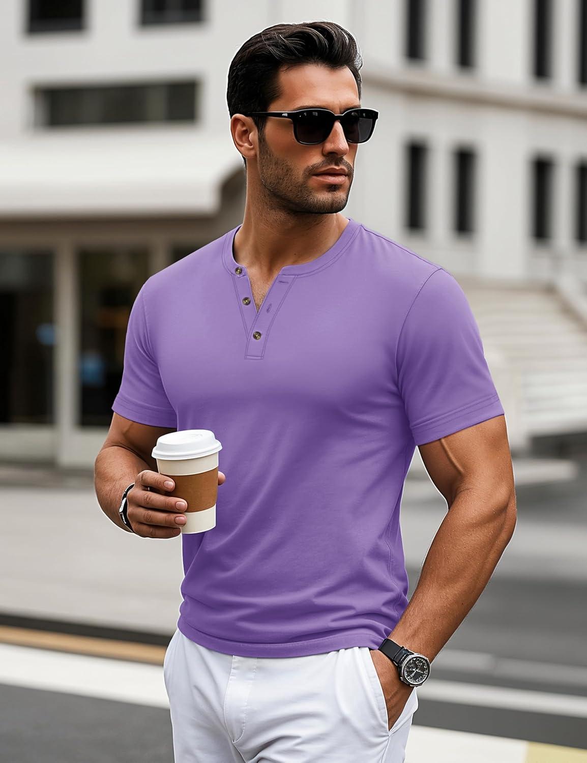 imageMAGCOMSEN Mens Henley Short Sleeve Shirt Cotton Lightweight 3 Button Tops Vintage Casual Summer TShirt Soft FashionLight Purple