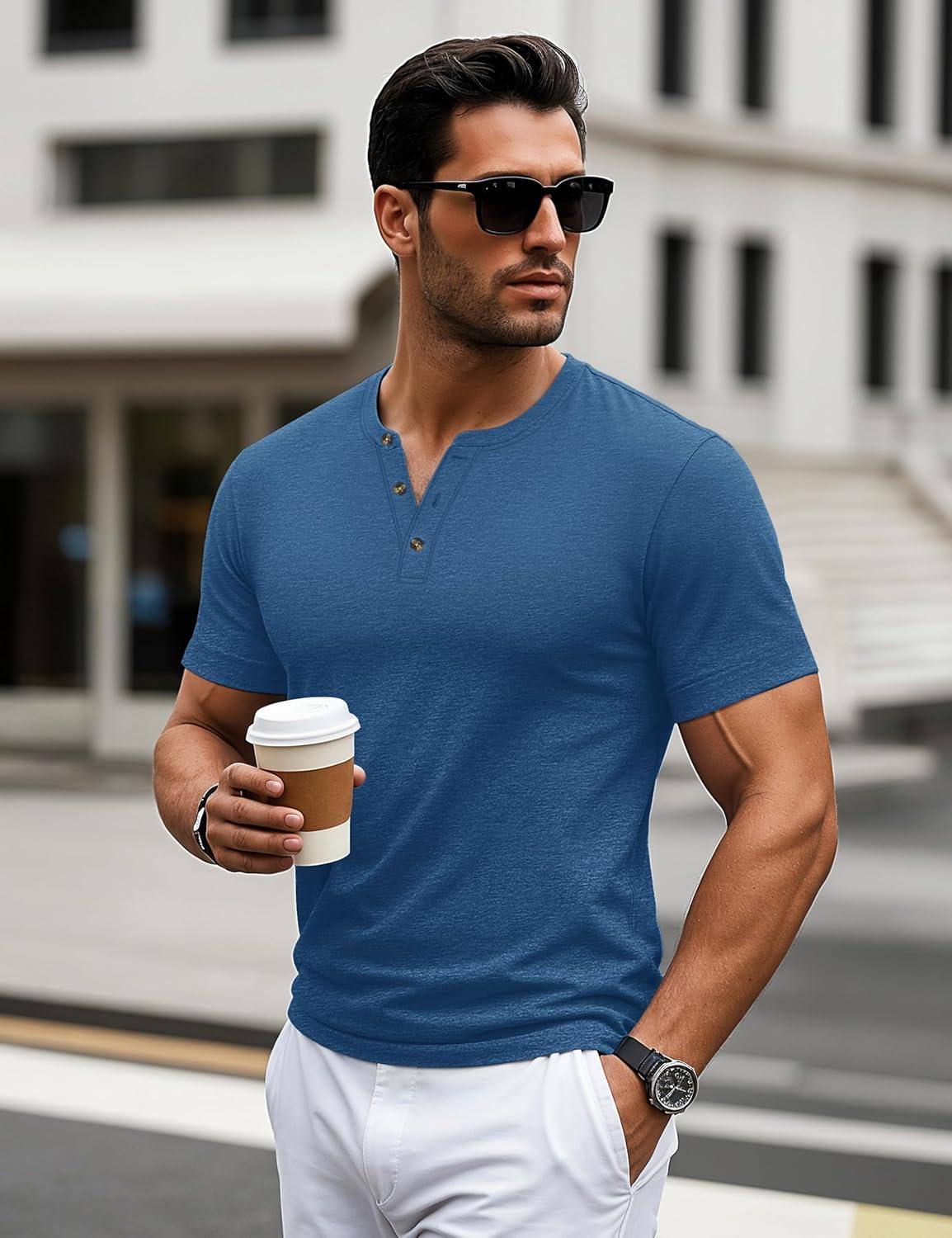 imageMAGCOMSEN Mens Henley Short Sleeve Shirt Cotton Lightweight 3 Button Tops Vintage Casual Summer TShirt Soft FashionMedium Blue Heather