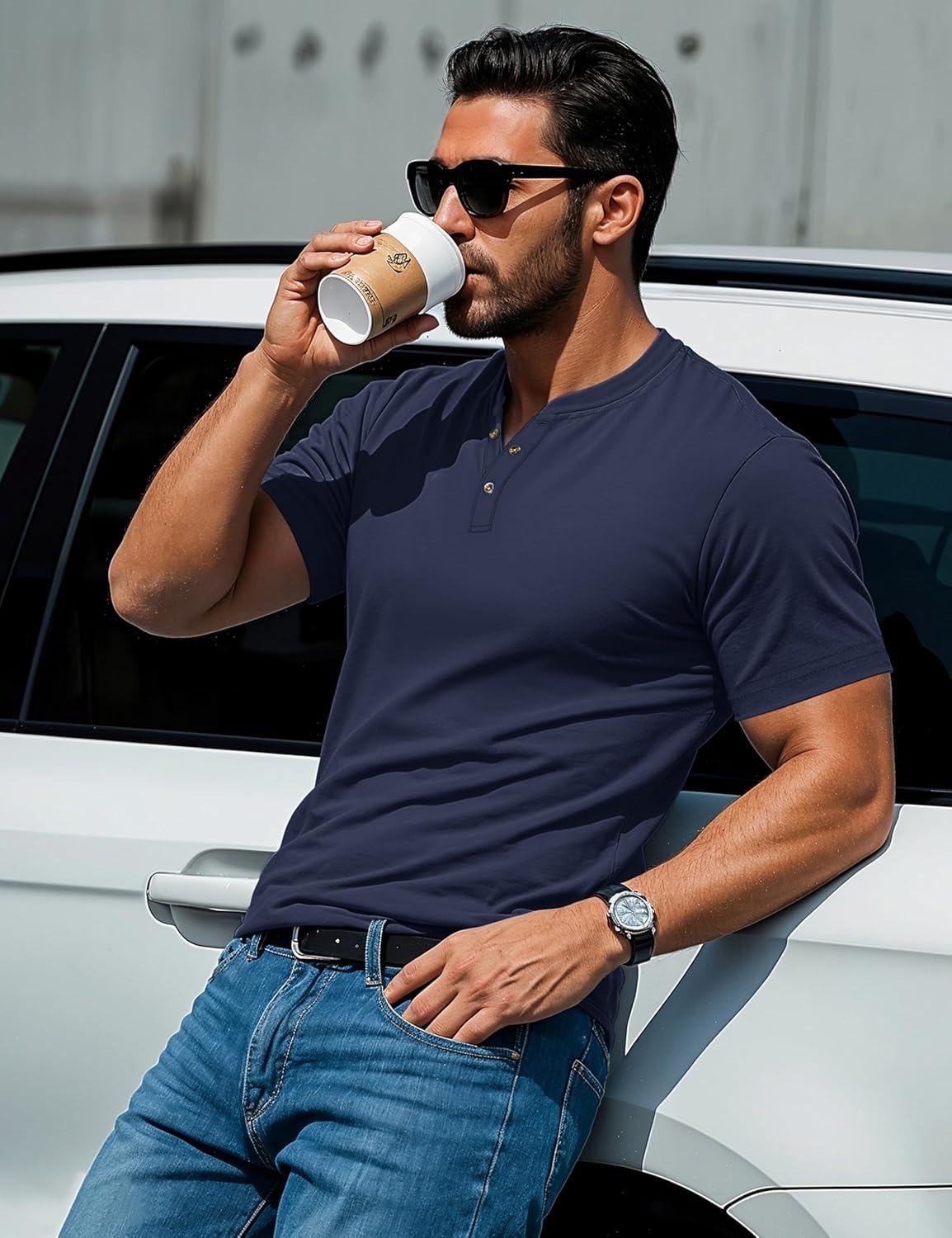 imageMAGCOMSEN Mens Henley Short Sleeve Shirt Cotton Lightweight 3 Button Tops Vintage Casual Summer TShirt Soft FashionNavy