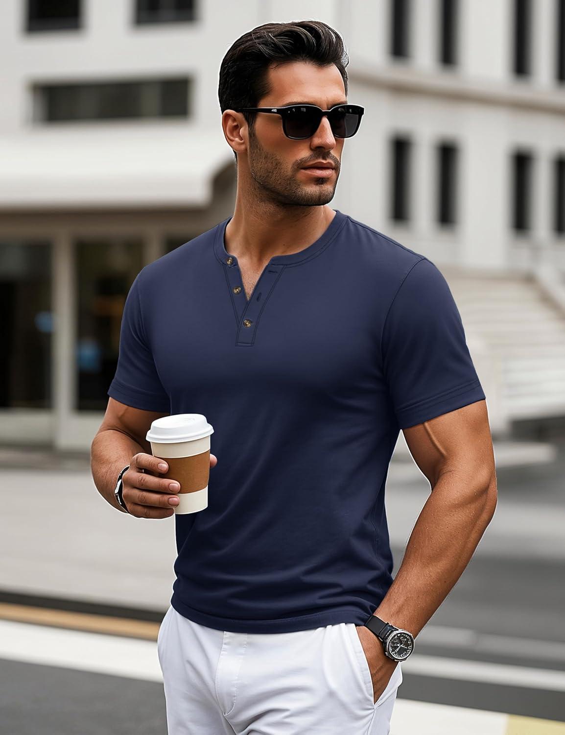 imageMAGCOMSEN Mens Henley Short Sleeve Shirt Cotton Lightweight 3 Button Tops Vintage Casual Summer TShirt Soft FashionNavy