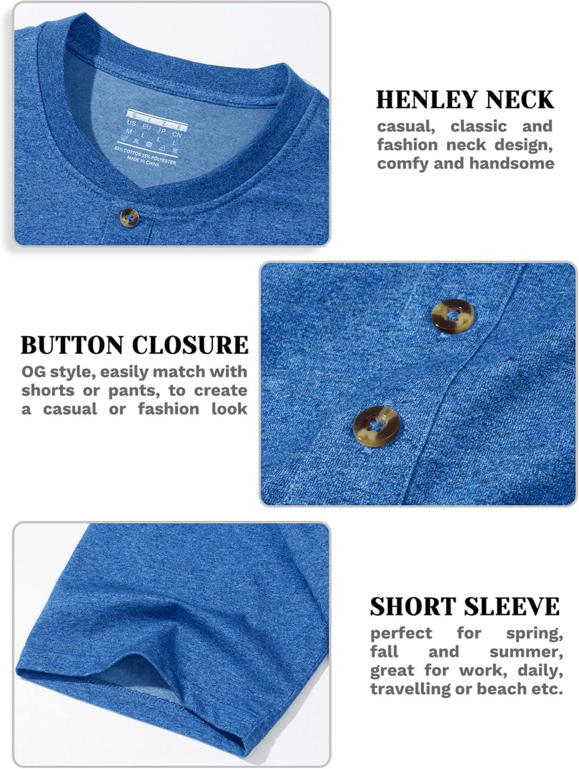 imageMAGCOMSEN Mens Henley Short Sleeve Shirt Cotton Lightweight 3 Button Tops Vintage Casual Summer TShirt Soft FashionSea Blue