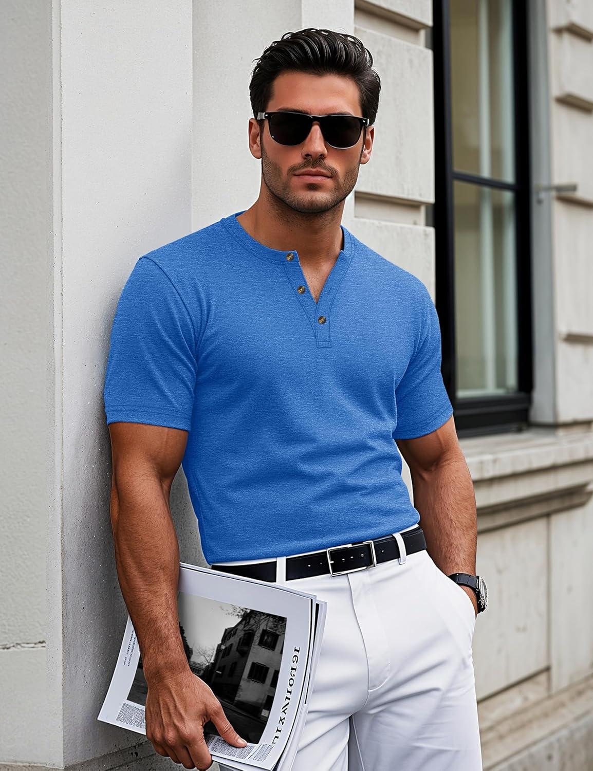 imageMAGCOMSEN Mens Henley Short Sleeve Shirt Cotton Lightweight 3 Button Tops Vintage Casual Summer TShirt Soft FashionSea Blue