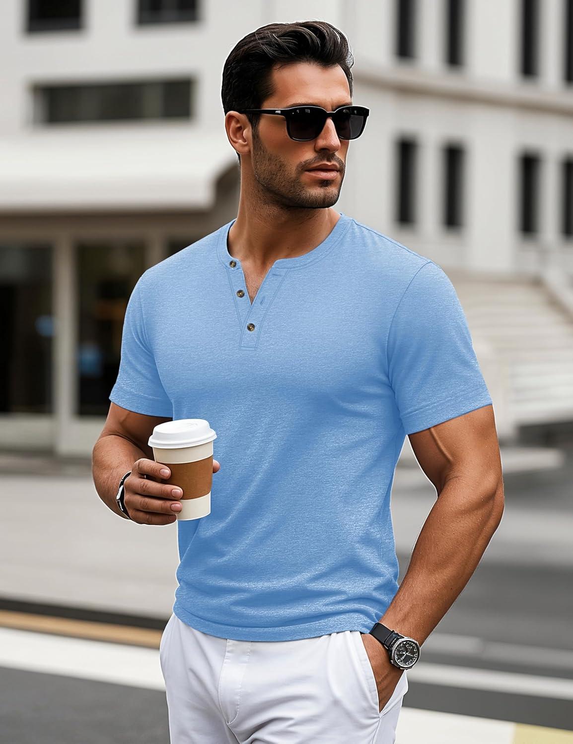 imageMAGCOMSEN Mens Henley Short Sleeve Shirt Cotton Lightweight 3 Button Tops Vintage Casual Summer TShirt Soft FashionSky Blue Heather