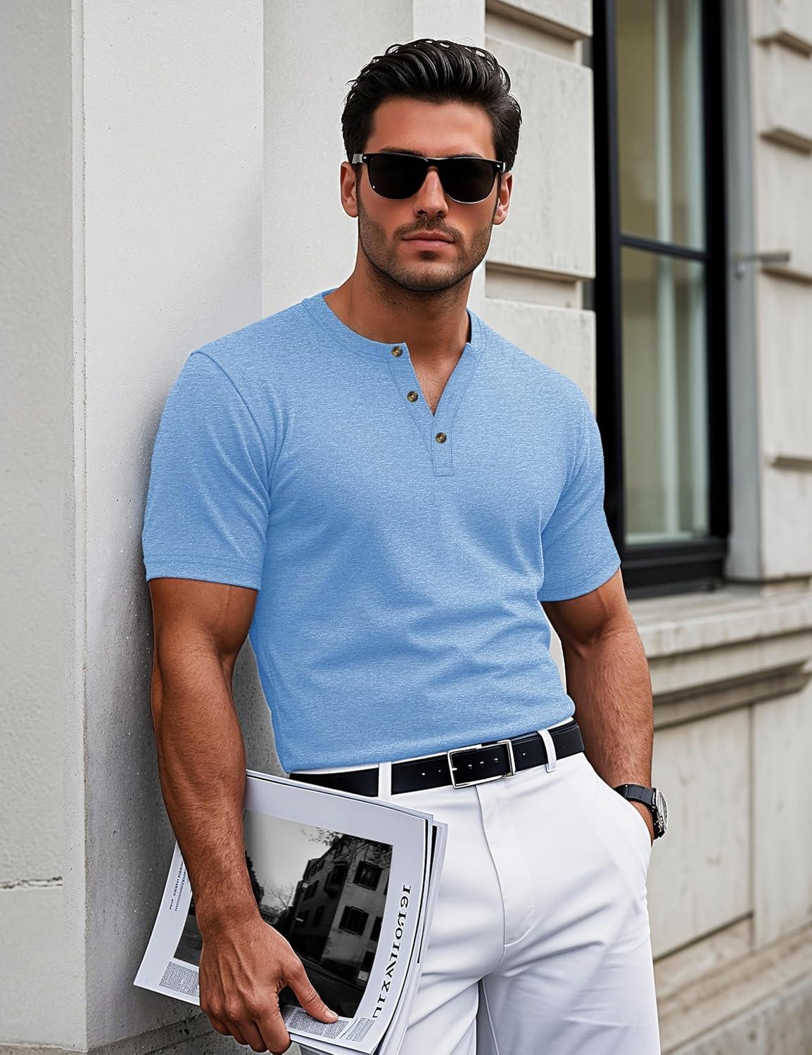 imageMAGCOMSEN Mens Henley Short Sleeve Shirt Cotton Lightweight 3 Button Tops Vintage Casual Summer TShirt Soft FashionSky Blue Heather