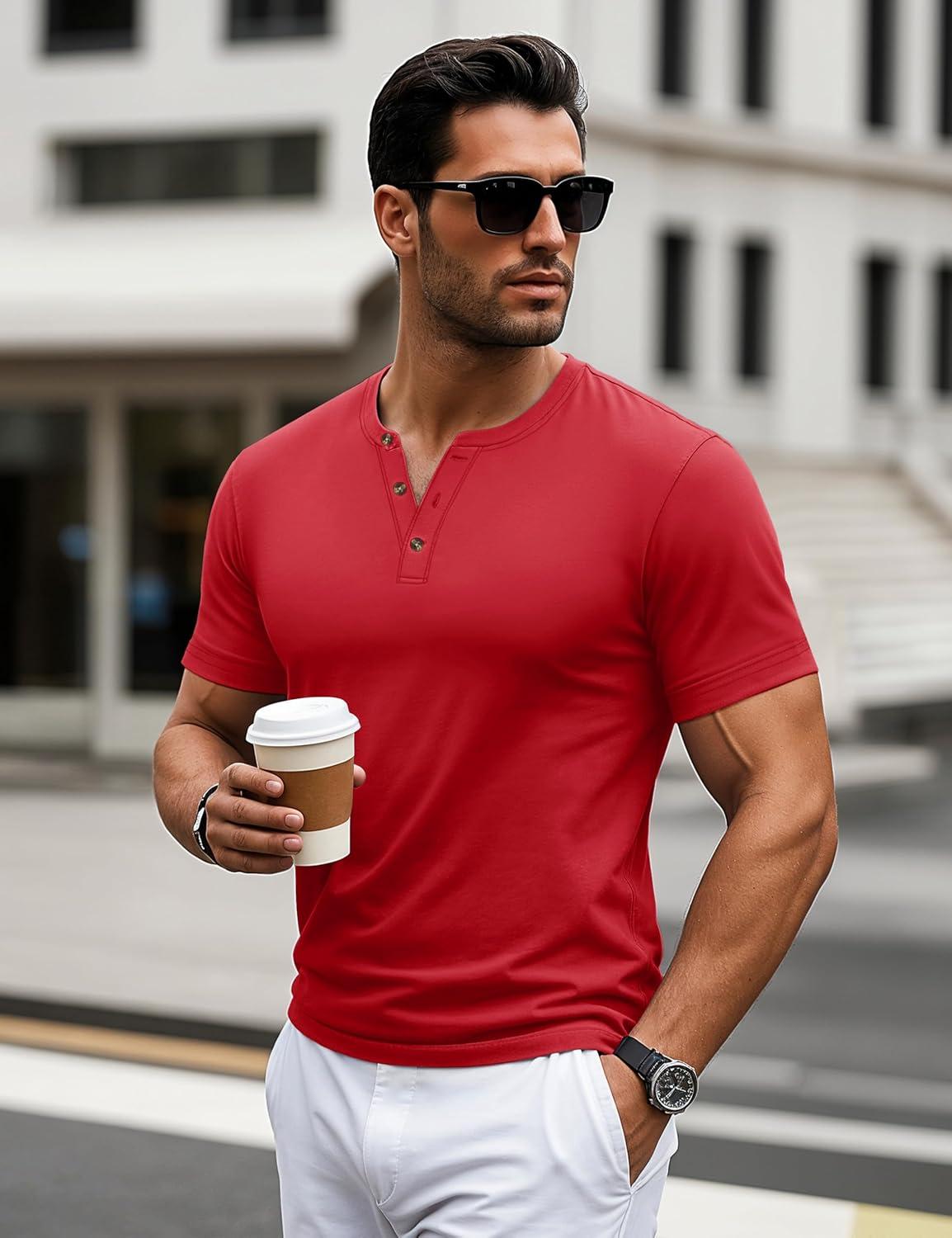imageMAGCOMSEN Mens Henley Short Sleeve Shirt Cotton Lightweight 3 Button Tops Vintage Casual Summer TShirt Soft FashionTomato