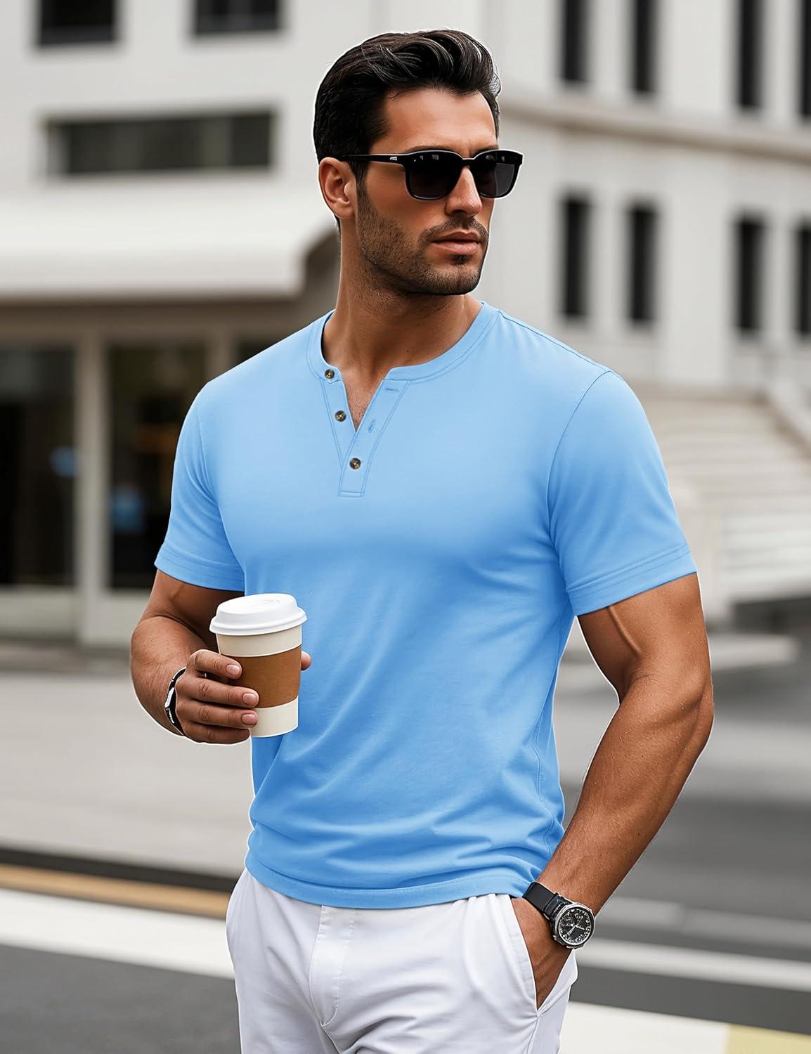 imageMAGCOMSEN Mens Henley Short Sleeve Shirt Cotton Lightweight 3 Button Tops Vintage Casual Summer TShirt Soft FashionWaterfall Blue
