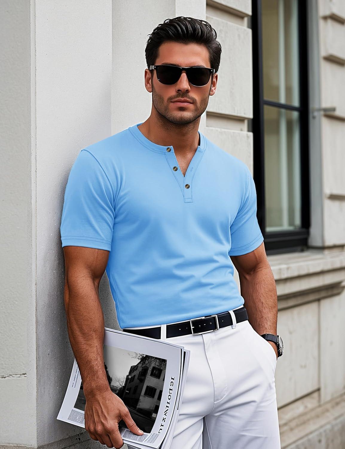 imageMAGCOMSEN Mens Henley Short Sleeve Shirt Cotton Lightweight 3 Button Tops Vintage Casual Summer TShirt Soft FashionWaterfall Blue