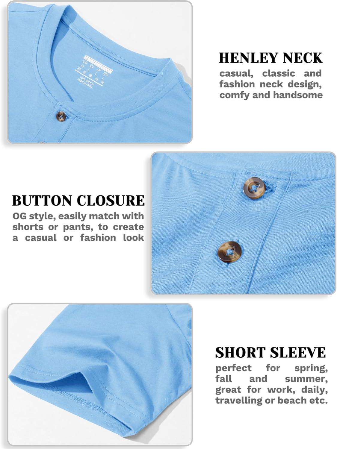 imageMAGCOMSEN Mens Henley Short Sleeve Shirt Cotton Lightweight 3 Button Tops Vintage Casual Summer TShirt Soft FashionWaterfall Blue