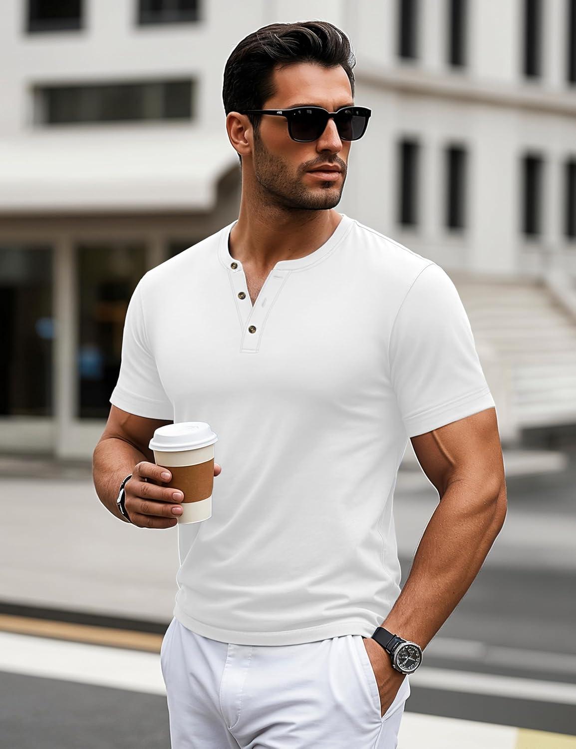 imageMAGCOMSEN Mens Henley Short Sleeve Shirt Cotton Lightweight 3 Button Tops Vintage Casual Summer TShirt Soft FashionWhite