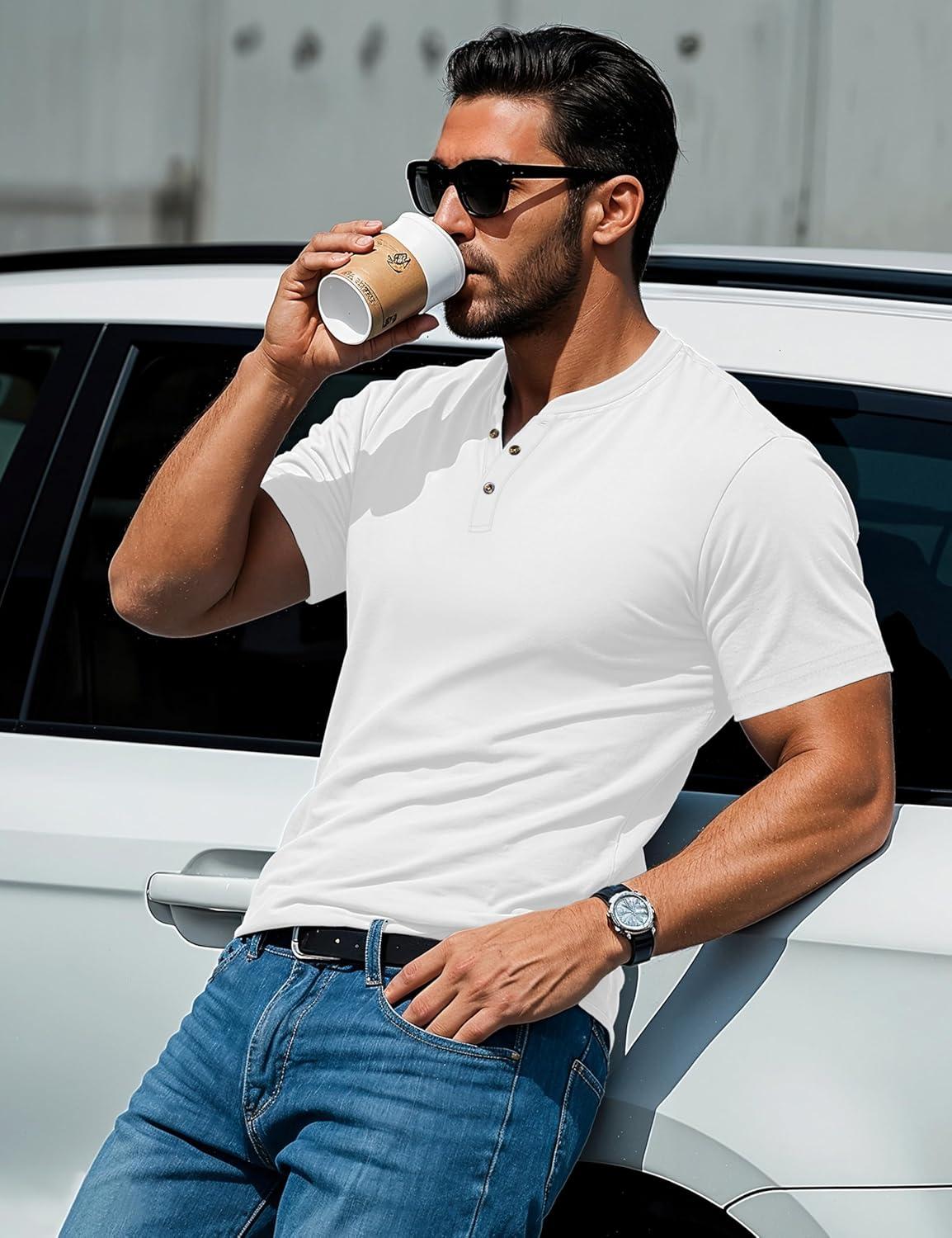 imageMAGCOMSEN Mens Henley Short Sleeve Shirt Cotton Lightweight 3 Button Tops Vintage Casual Summer TShirt Soft FashionWhite