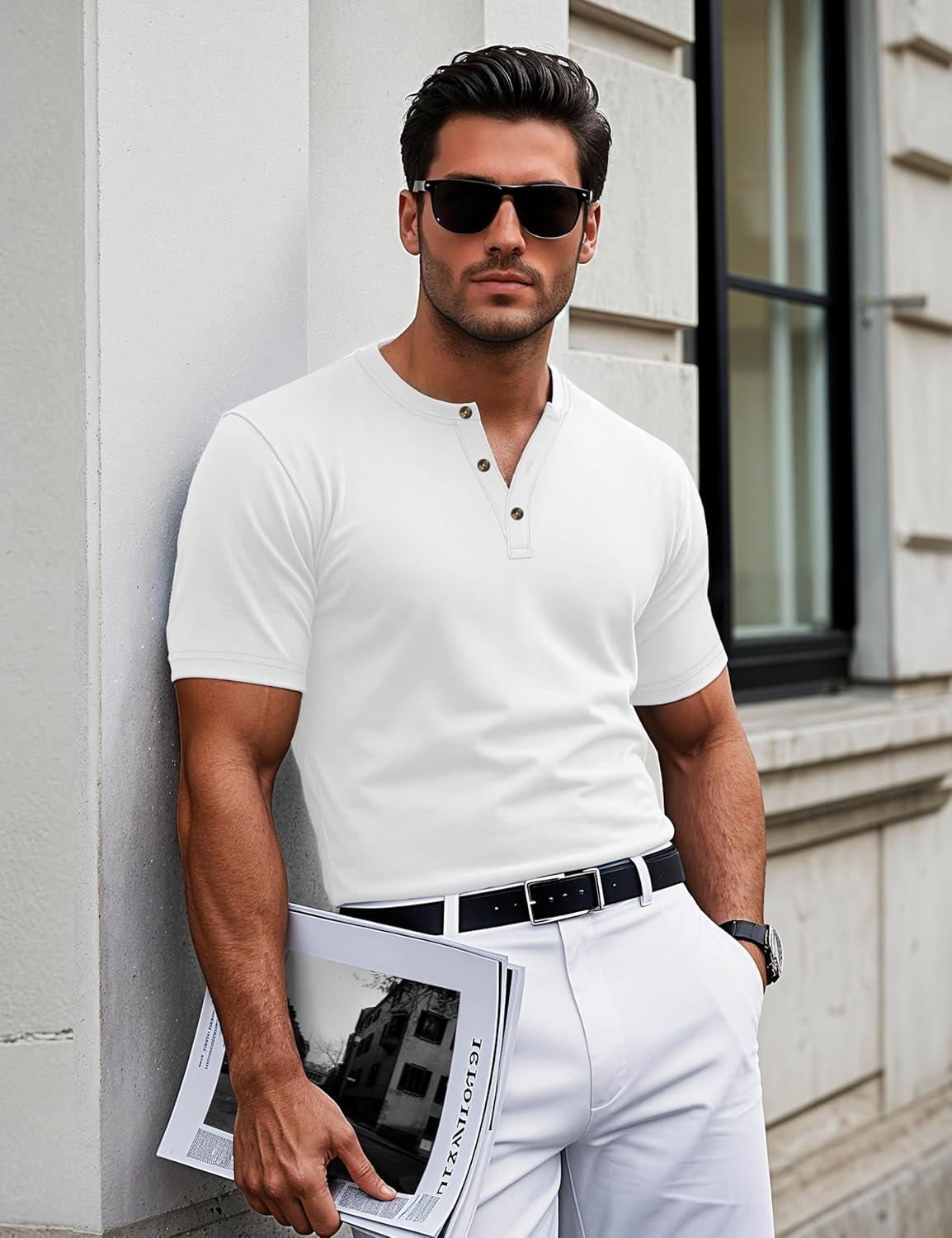 imageMAGCOMSEN Mens Henley Short Sleeve Shirt Cotton Lightweight 3 Button Tops Vintage Casual Summer TShirt Soft FashionWhite