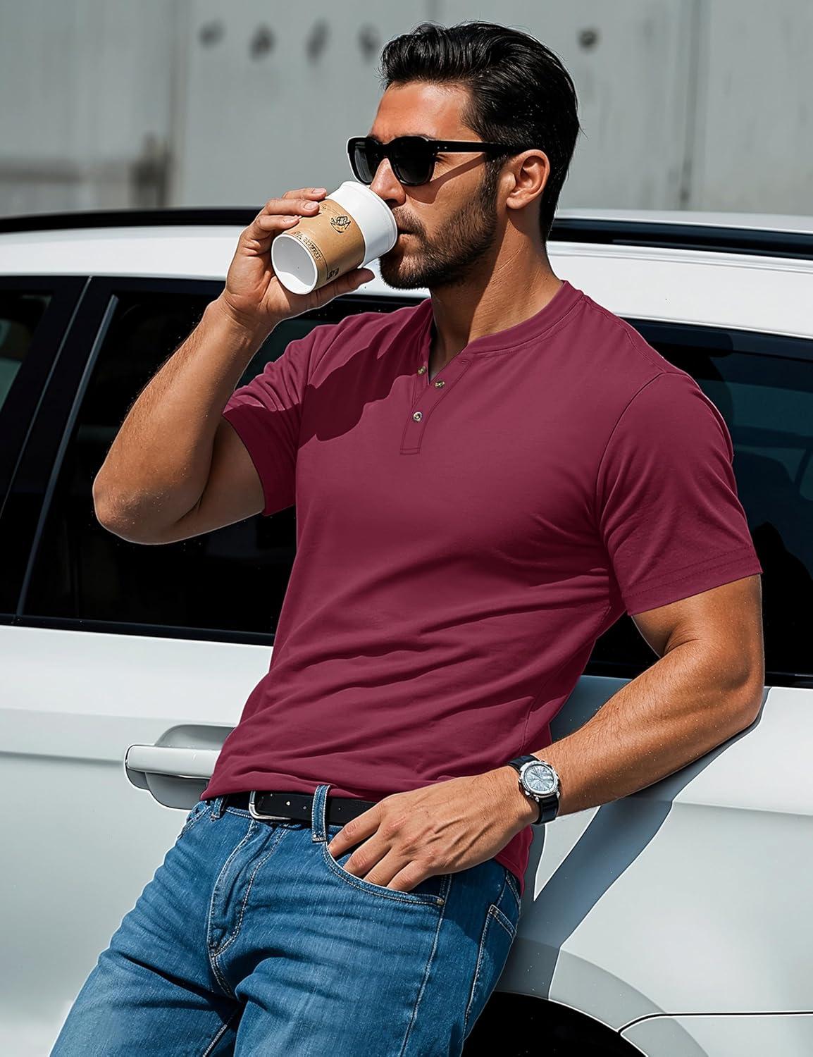 imageMAGCOMSEN Mens Henley Short Sleeve Shirt Cotton Lightweight 3 Button Tops Vintage Casual Summer TShirt Soft FashionWine Red