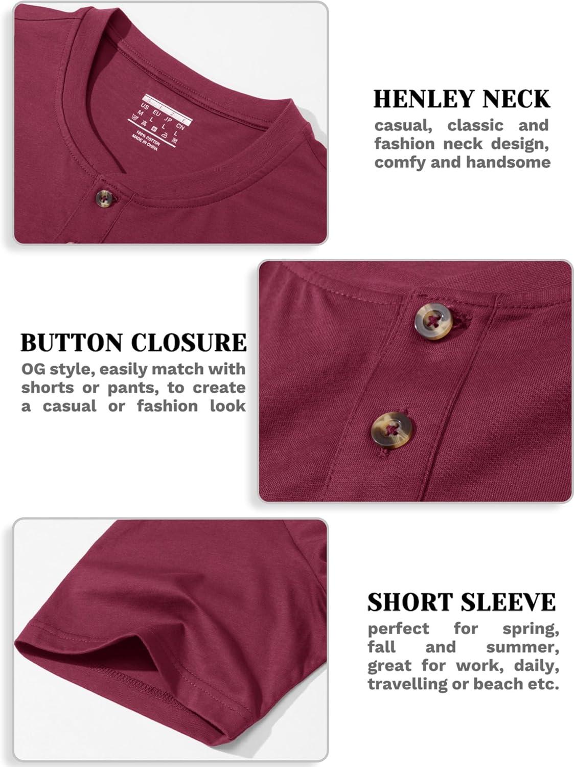 imageMAGCOMSEN Mens Henley Short Sleeve Shirt Cotton Lightweight 3 Button Tops Vintage Casual Summer TShirt Soft FashionWine Red
