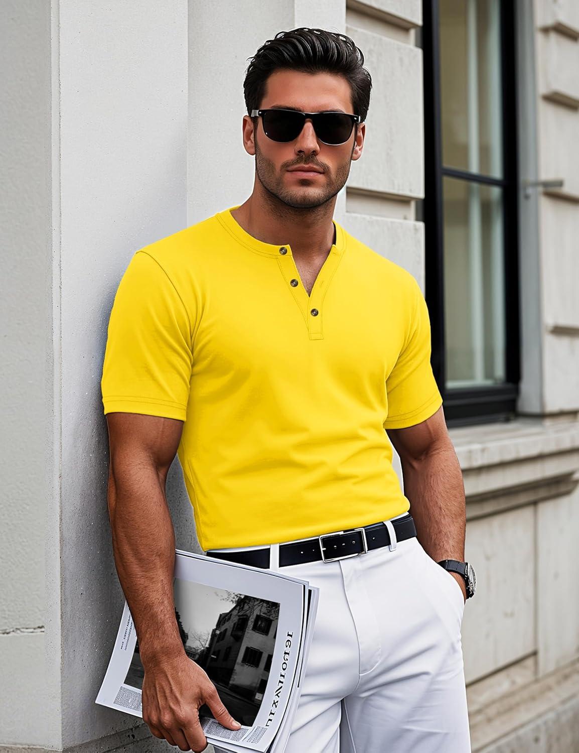 imageMAGCOMSEN Mens Henley Short Sleeve Shirt Cotton Lightweight 3 Button Tops Vintage Casual Summer TShirt Soft FashionYellow