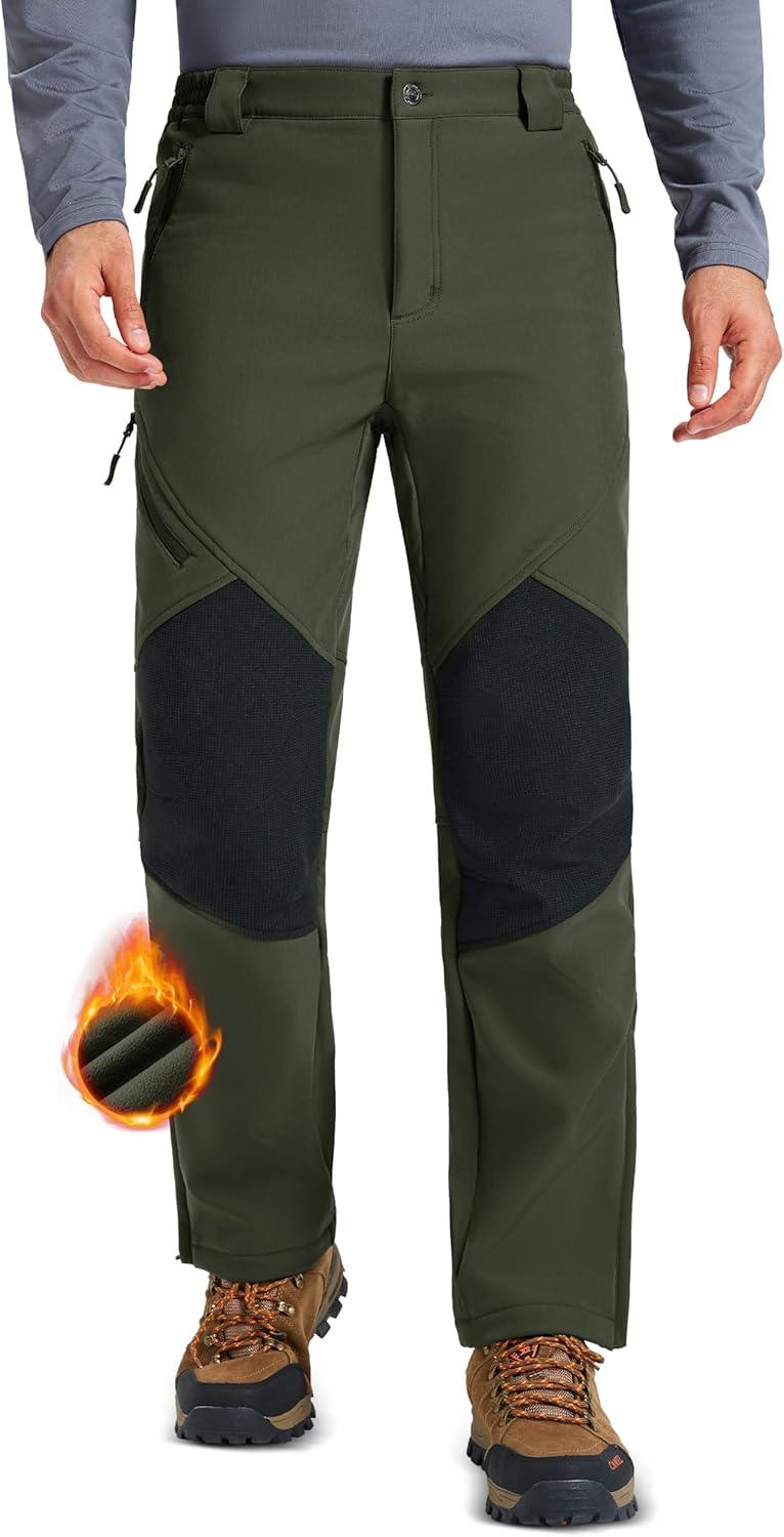 imageMAGCOMSEN Mens Snow Ski Waterproof Pants Winter Fleece Lined Insulated Work Outdoor Hiking Snowboard Pants 4 PocketsArmy Green