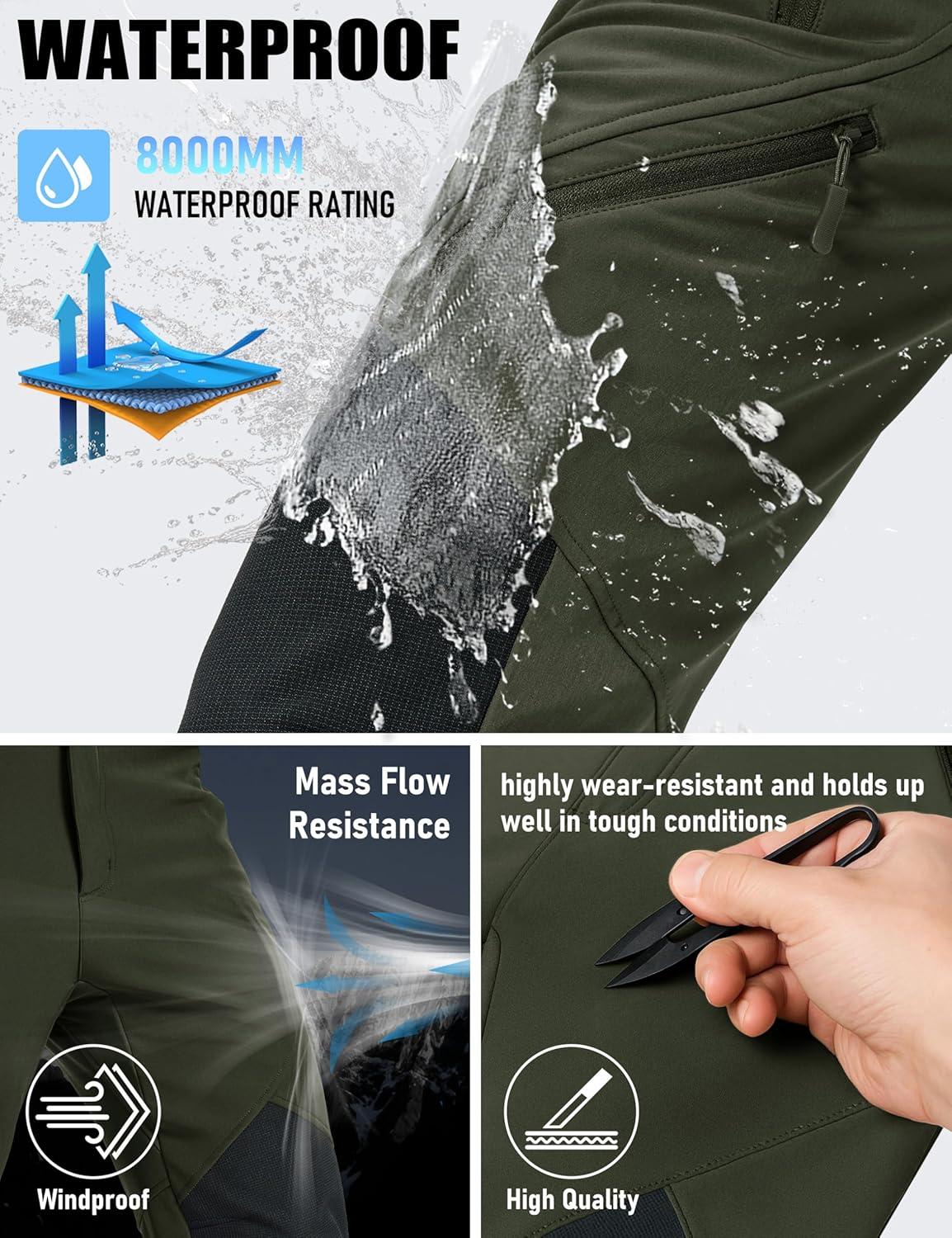 imageMAGCOMSEN Mens Snow Ski Waterproof Pants Winter Fleece Lined Insulated Work Outdoor Hiking Snowboard Pants 4 PocketsArmy Green