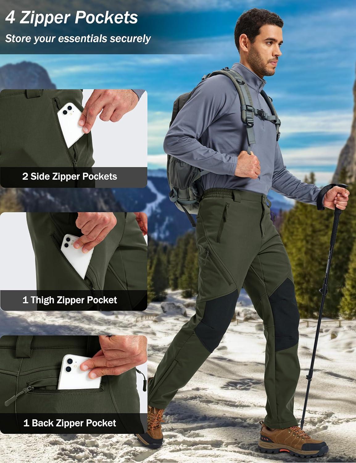 imageMAGCOMSEN Mens Snow Ski Waterproof Pants Winter Fleece Lined Insulated Work Outdoor Hiking Snowboard Pants 4 PocketsArmy Green