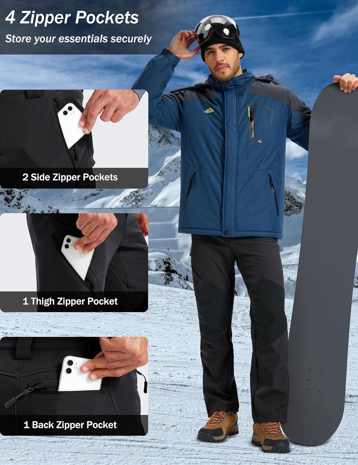 imageMAGCOMSEN Mens Snow Ski Waterproof Pants Winter Fleece Lined Insulated Work Outdoor Hiking Snowboard Pants 4 PocketsBlack