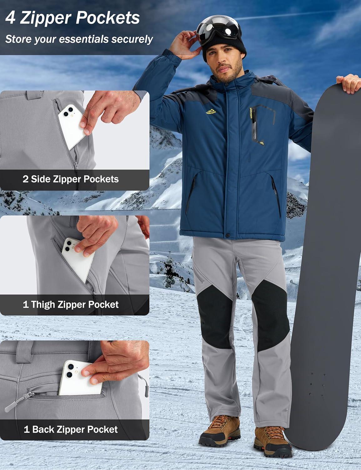 imageMAGCOMSEN Mens Snow Ski Waterproof Pants Winter Fleece Lined Insulated Work Outdoor Hiking Snowboard Pants 4 PocketsLight Gray