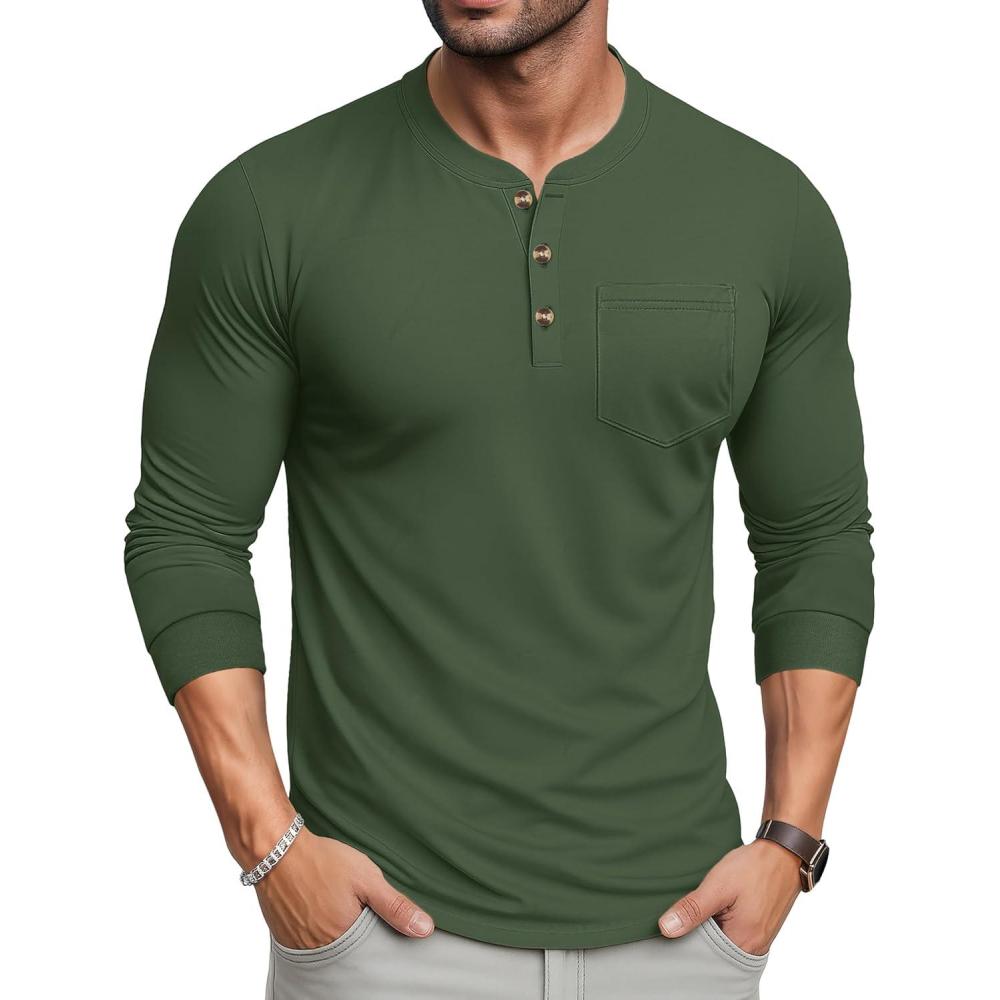 imageMAGCOMSEN Mens Henley Long Sleeve Shirt Cotton Lightweight Tee Shirts Casual Basic Tees with PocketArmy Green