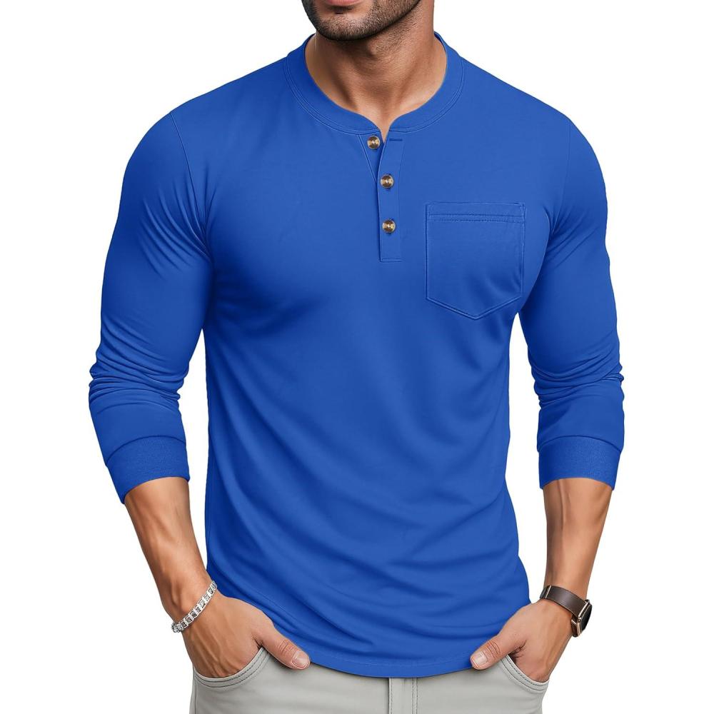 imageMAGCOMSEN Mens Henley Long Sleeve Shirt Cotton Lightweight Tee Shirts Casual Basic Tees with PocketCloor Blue
