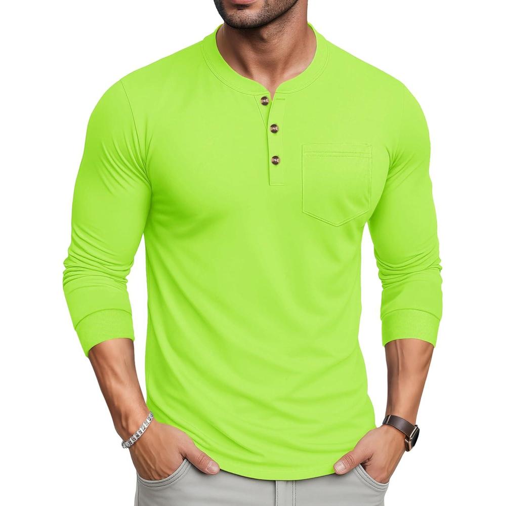 imageMAGCOMSEN Mens Henley Long Sleeve Shirt Cotton Lightweight Tee Shirts Casual Basic Tees with PocketFl Green