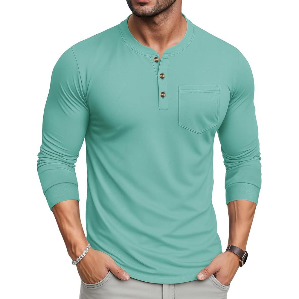 imageMAGCOMSEN Mens Henley Long Sleeve Shirt Cotton Lightweight Tee Shirts Casual Basic Tees with PocketGrey Green