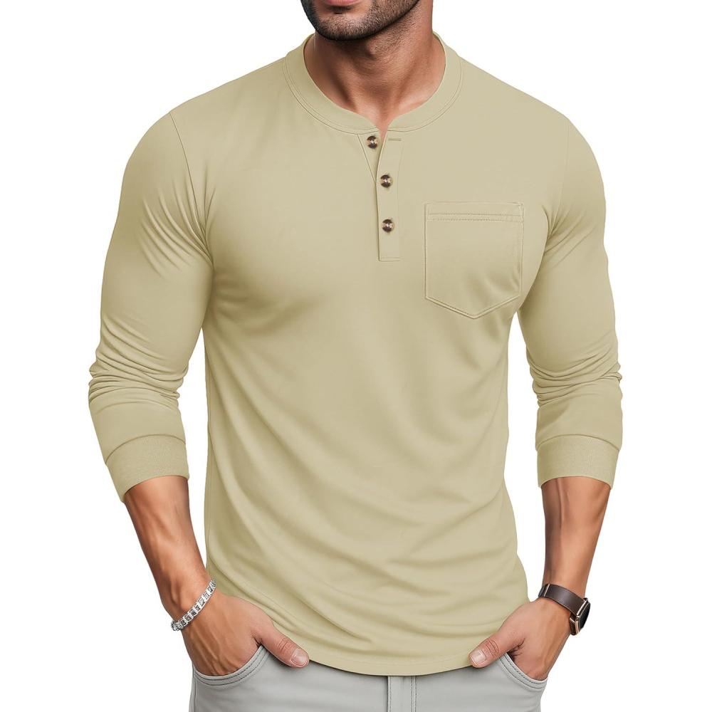 imageMAGCOMSEN Mens Henley Long Sleeve Shirt Cotton Lightweight Tee Shirts Casual Basic Tees with PocketKhaki