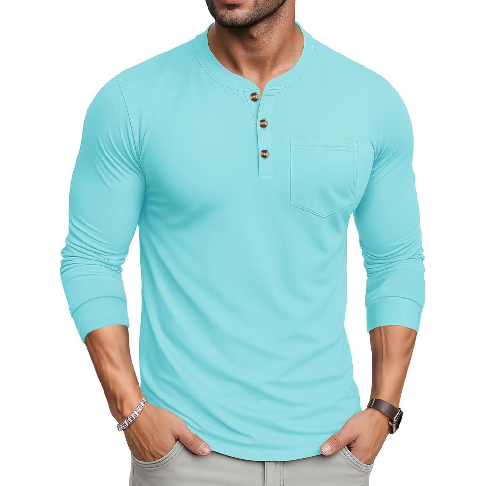 imageMAGCOMSEN Mens Henley Long Sleeve Shirt Cotton Lightweight Tee Shirts Casual Basic Tees with PocketLakeblue