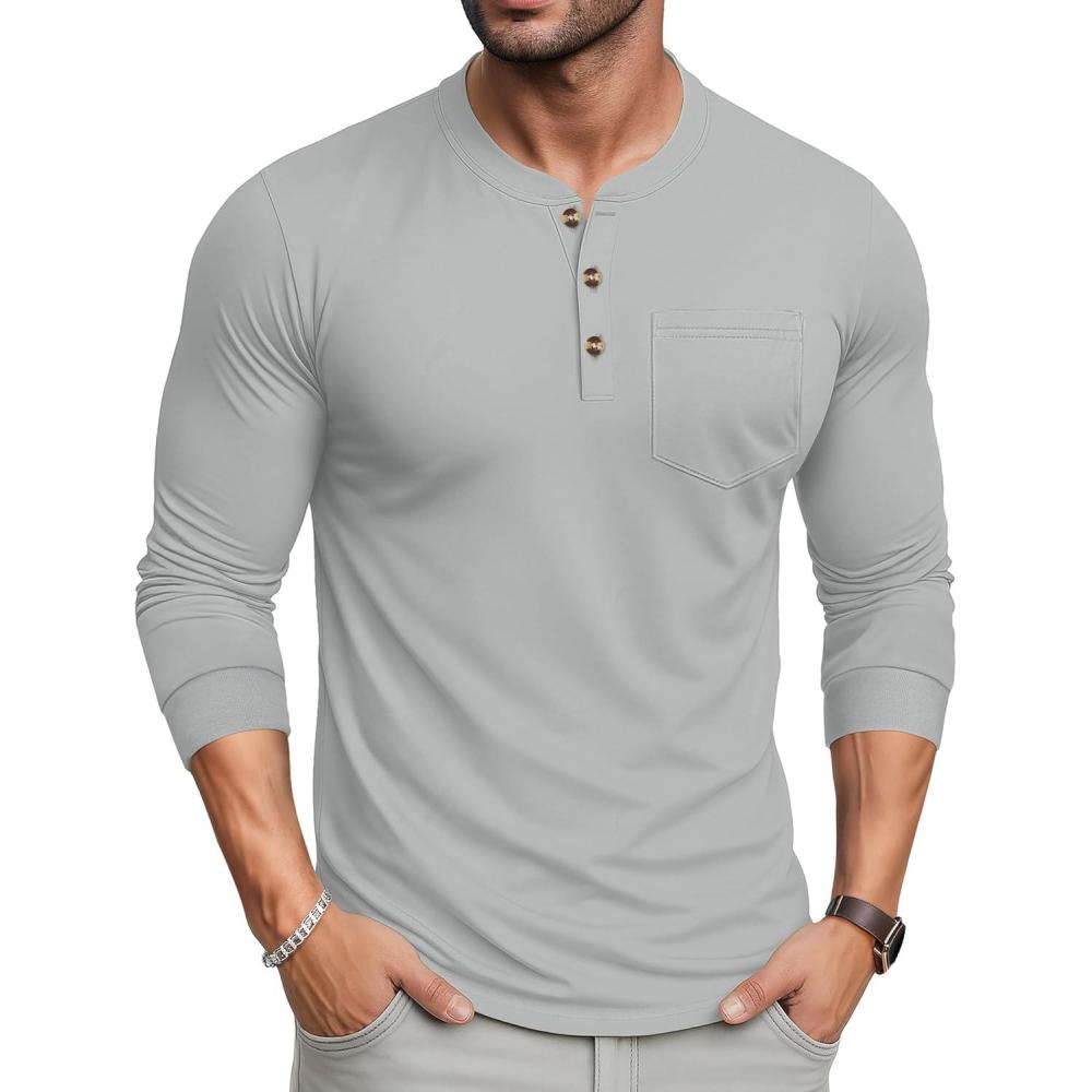 imageMAGCOMSEN Mens Henley Long Sleeve Shirt Cotton Lightweight Tee Shirts Casual Basic Tees with PocketLight Grey