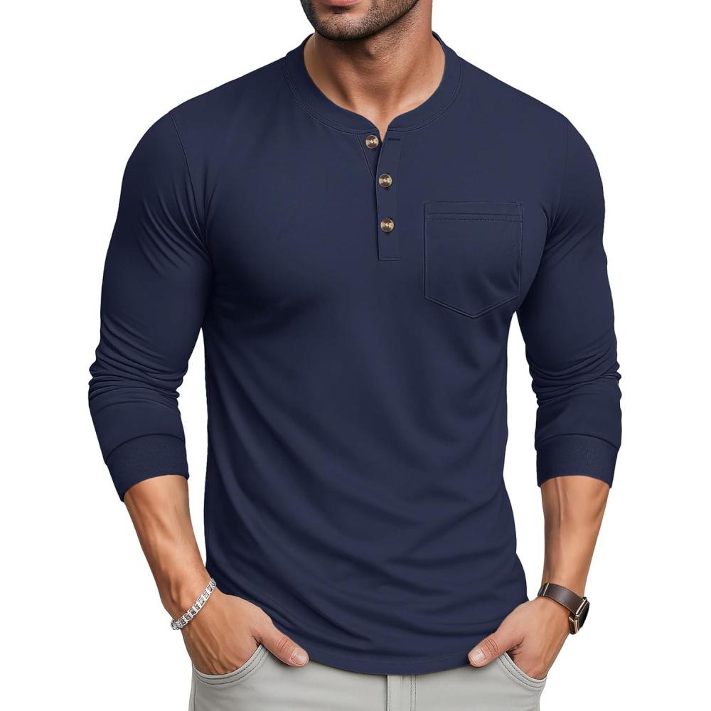 imageMAGCOMSEN Mens Henley Long Sleeve Shirt Cotton Lightweight Tee Shirts Casual Basic Tees with PocketNevy Blue